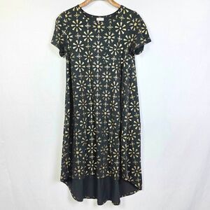 LuLaRoe Carly Dress S Black Gold Print Hi Low